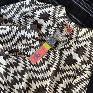 Tory Burch Printed V-Neck Embellished Tunic Blouse Brown & Neutrals‎ Size 10